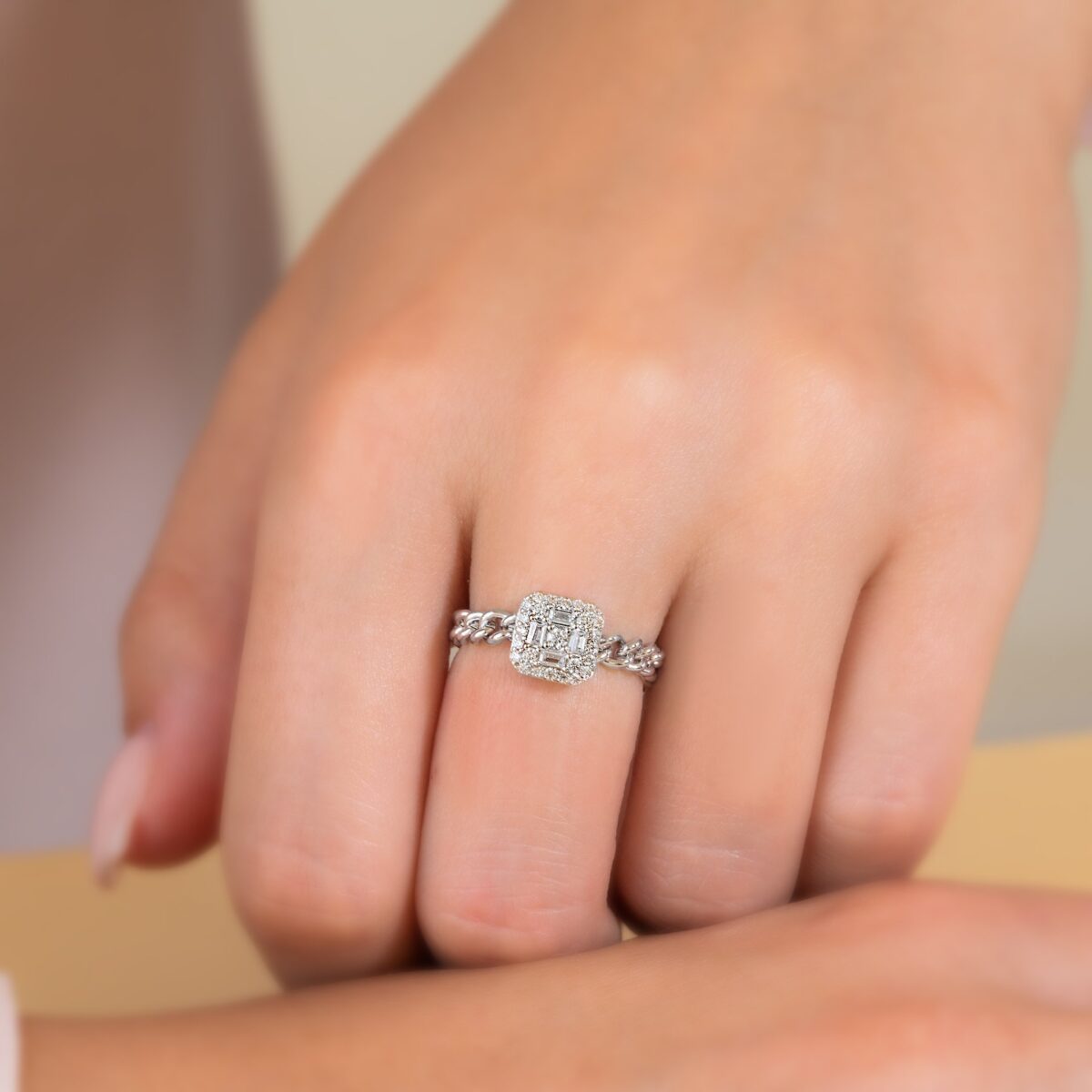 Pave Link Emerald Ring