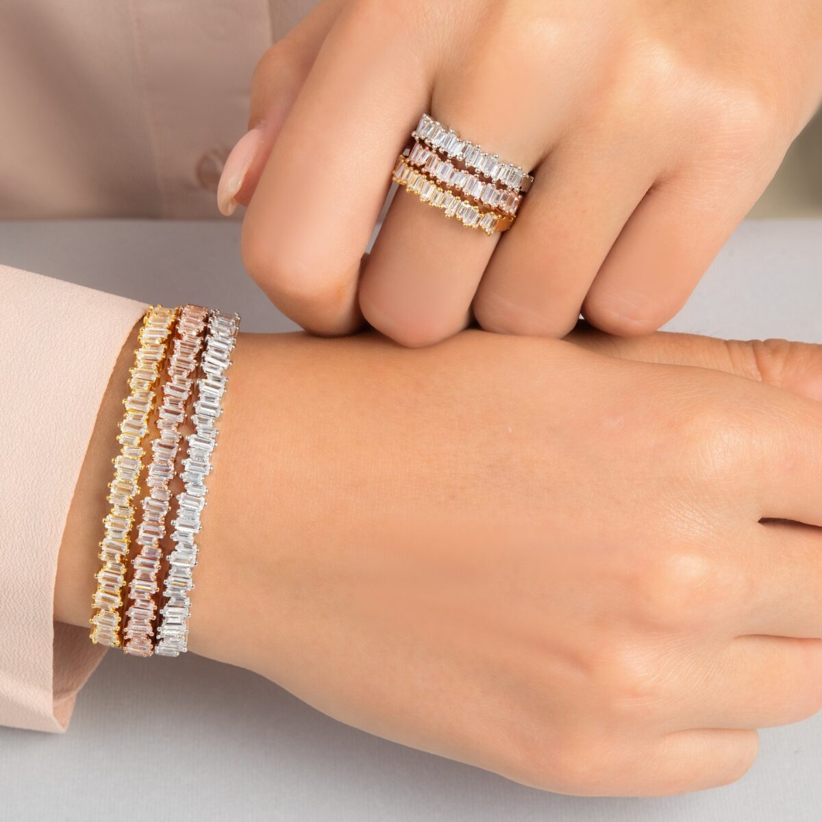 Baguette Handcuff Bracelet & Ring Set (Free size)