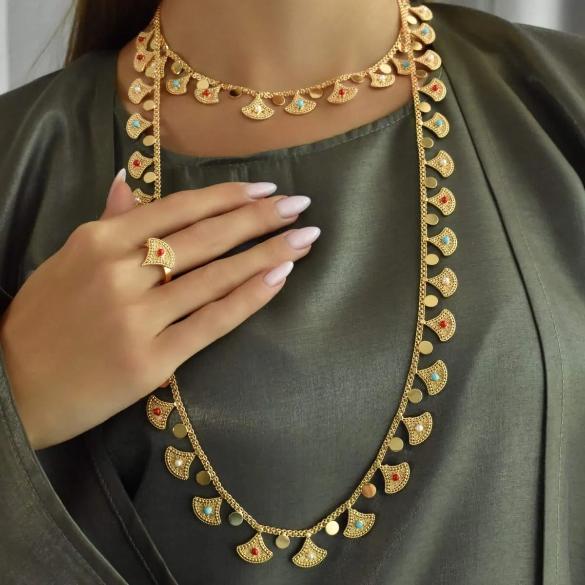 Faia 2 Layer Necklace Earrings And Ring Set - Image 4