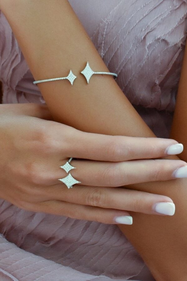 Mini Starry Bracelet Ring Set (Free Size) - Silver